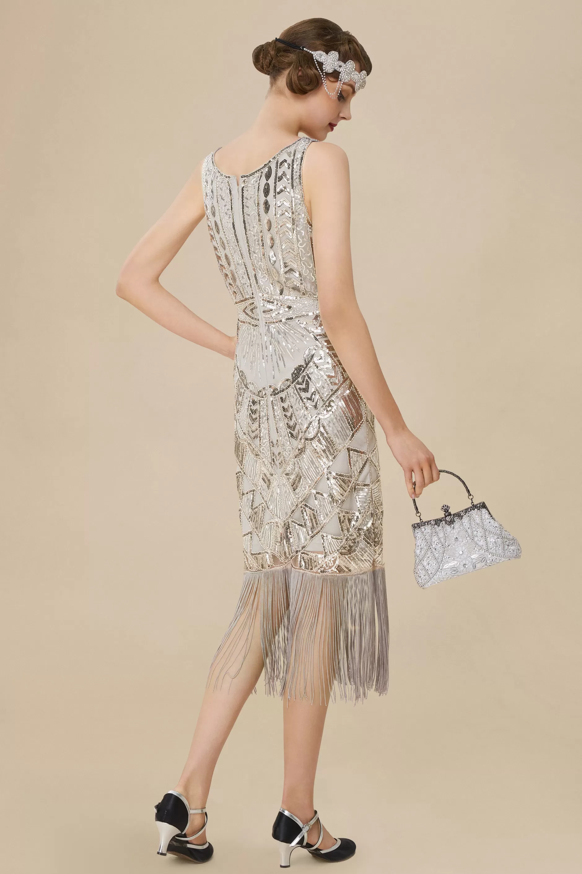 Glitter Sequin V-Neck Art Deco Slip Dress-BABEYOND Hot