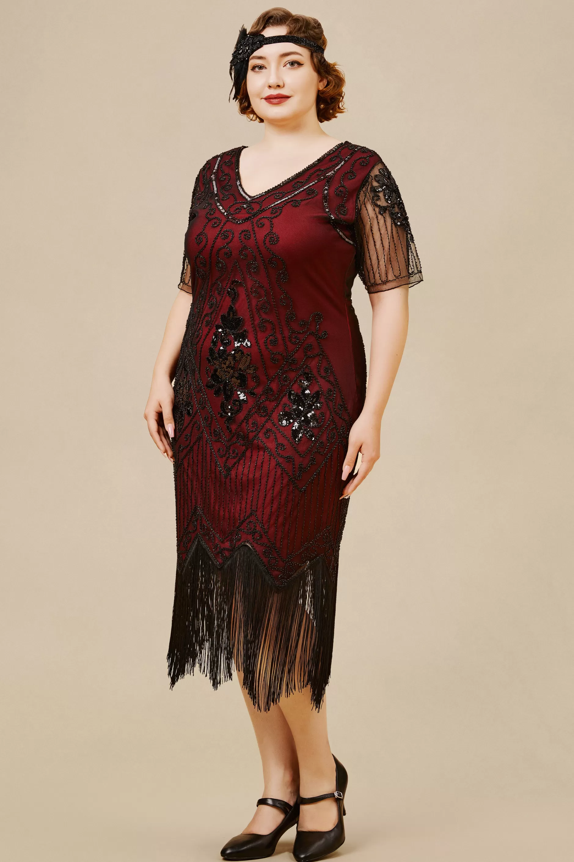 Irregular Fringe Beaded Sequin Plus Dress-BABEYOND Store
