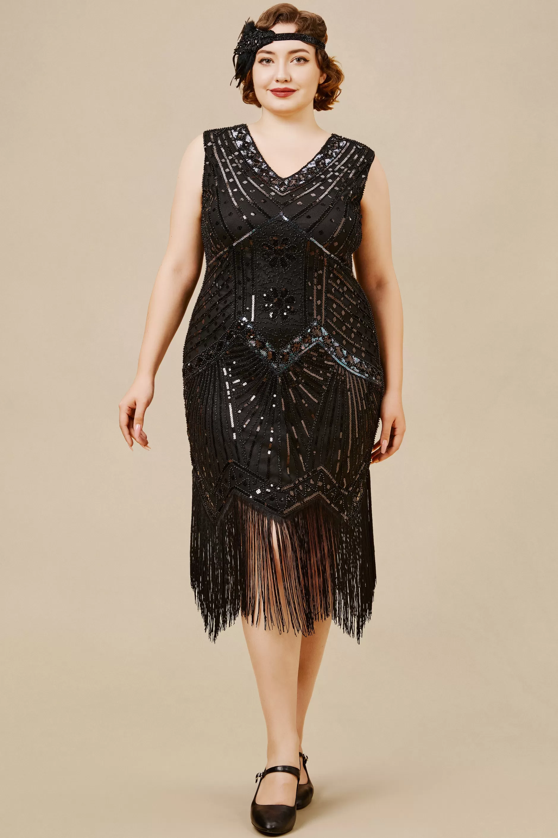 Long Fringe Flapper Art Deco Plus Dress-BABEYOND Store