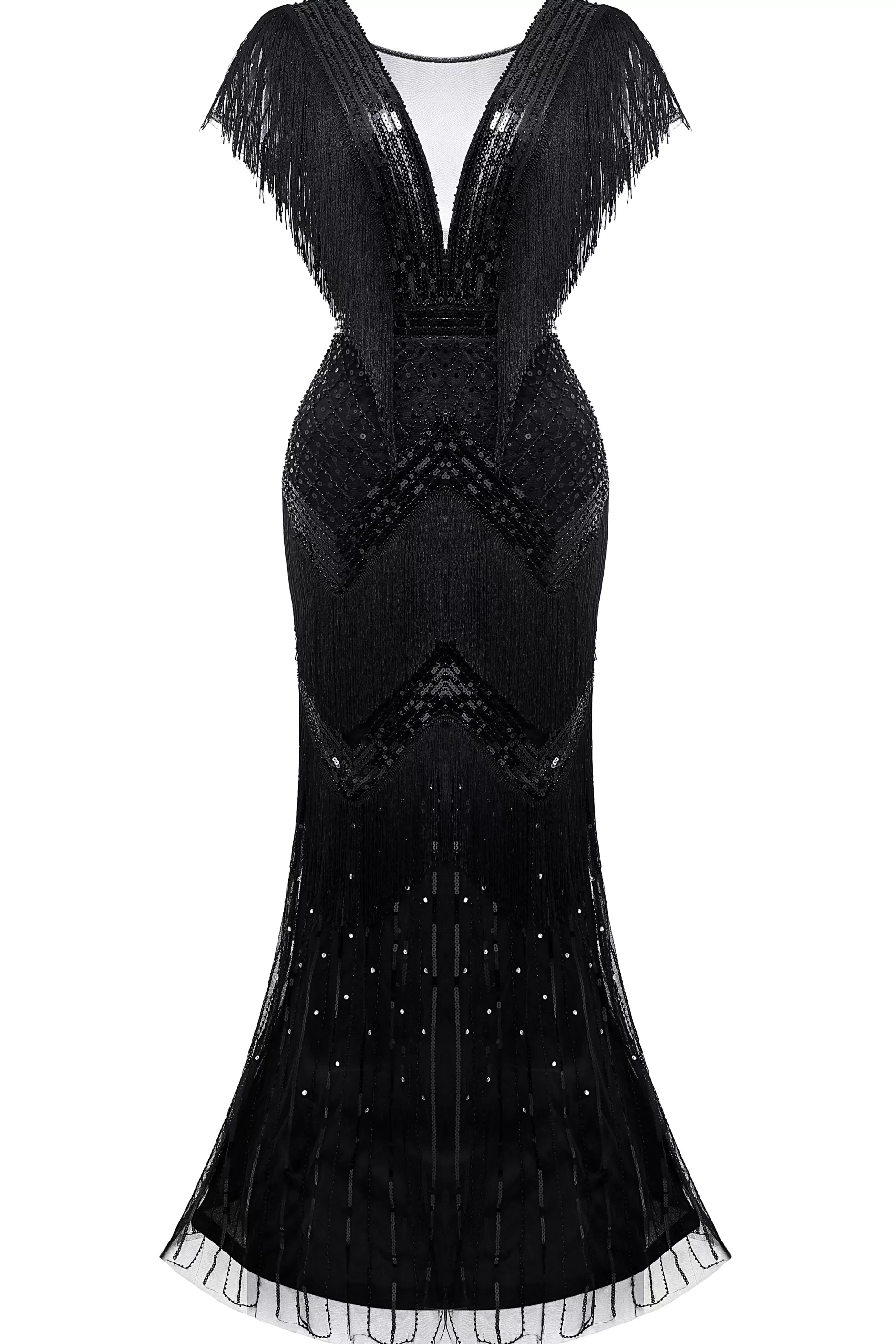 Scoop Neck Sheer Tiered Fringe Sequin Dress-BABEYOND Store