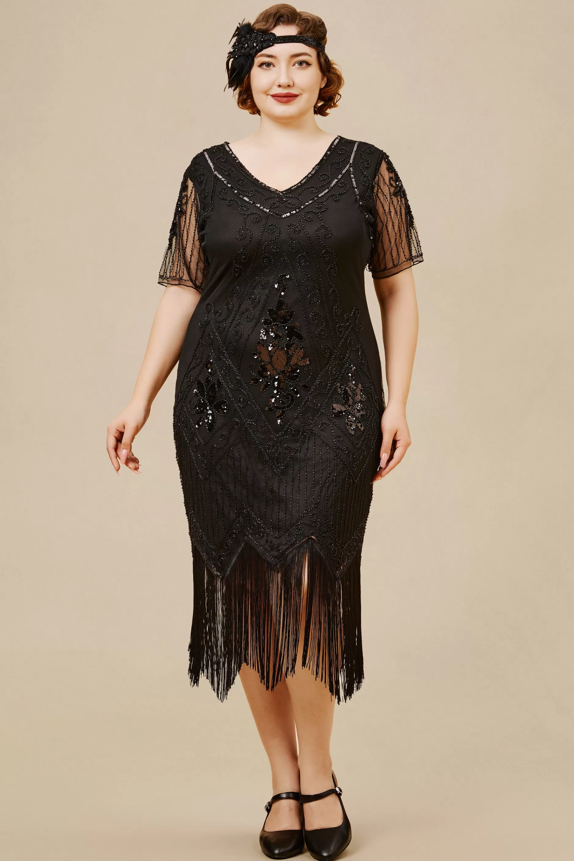 Vintage Paisley Flapper Fringe Plus Dress-BABEYOND Cheap