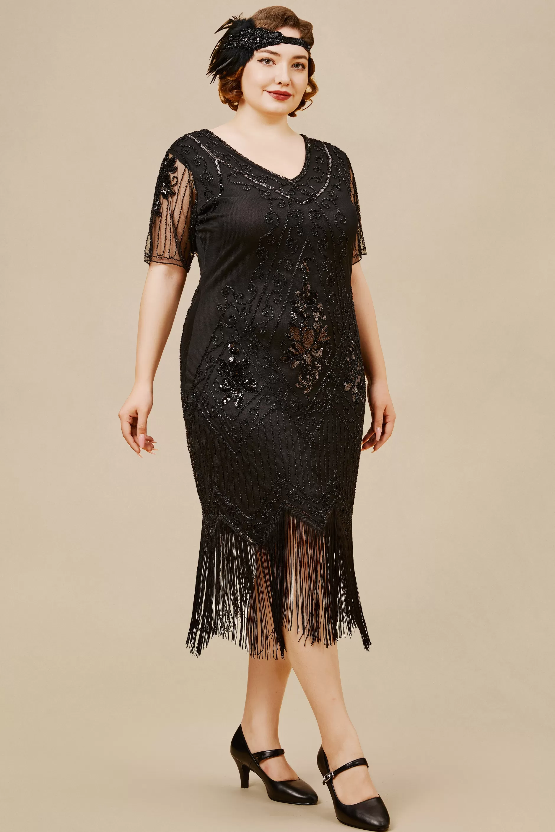 Vintage Paisley Flapper Fringe Plus Dress-BABEYOND Cheap