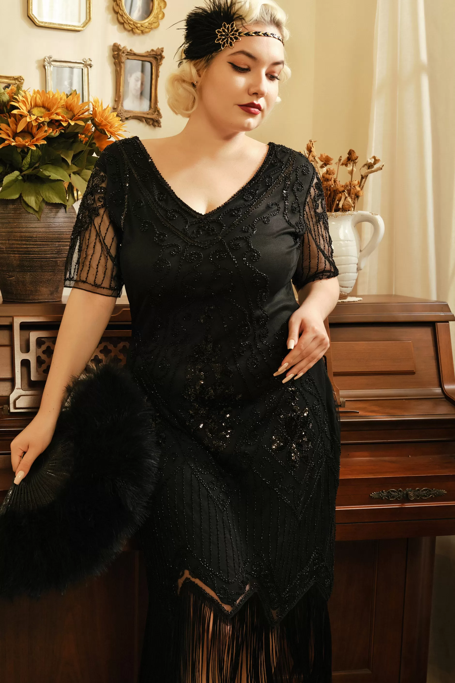Vintage Paisley Flapper Fringe Plus Dress-BABEYOND Cheap